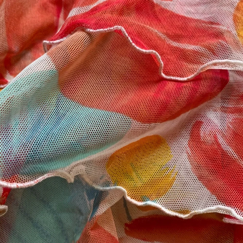 Be Creative Multicolor Artsy Floral Mesh sexy Ruffle Swim Coverup Skirt large